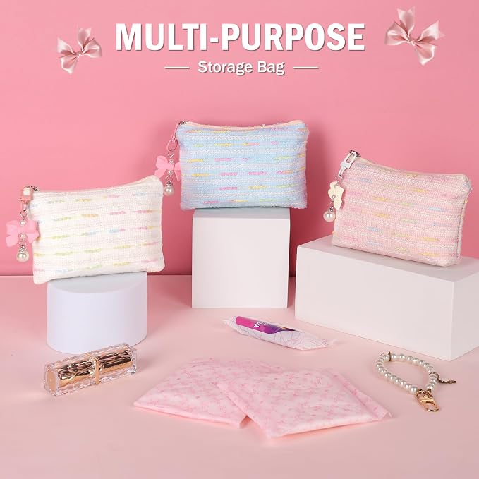 Mini Makeup Bag, Small Bow Tie Cosmetic Bag for Purse with Keychain, Portable XS Travel Makeup Pouch for Daily Use (Colorful Lines-Pink)