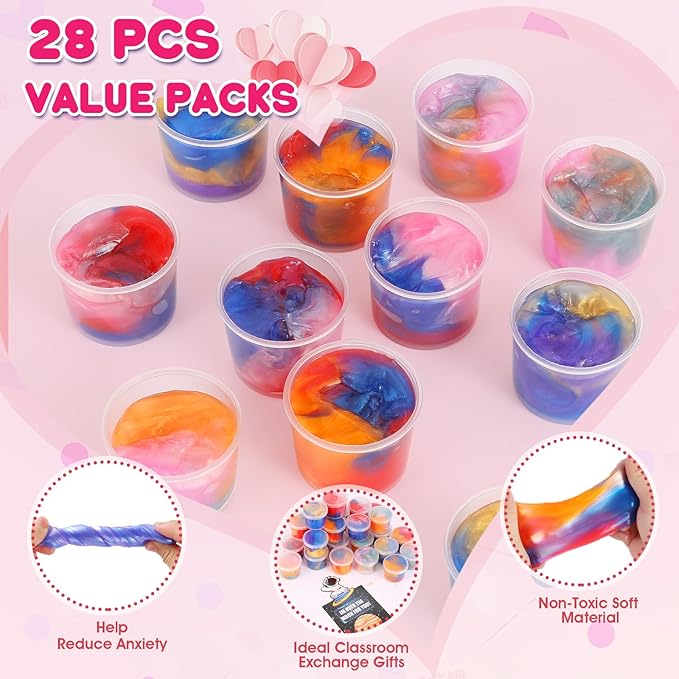 28 Pack Valentines Day Gifts for Kids School Classroom - Galaxy Slime Stress Relief Fidget Toys with Valentines Day Cards, School Classroom Exchange, Valentines Class Party Favors