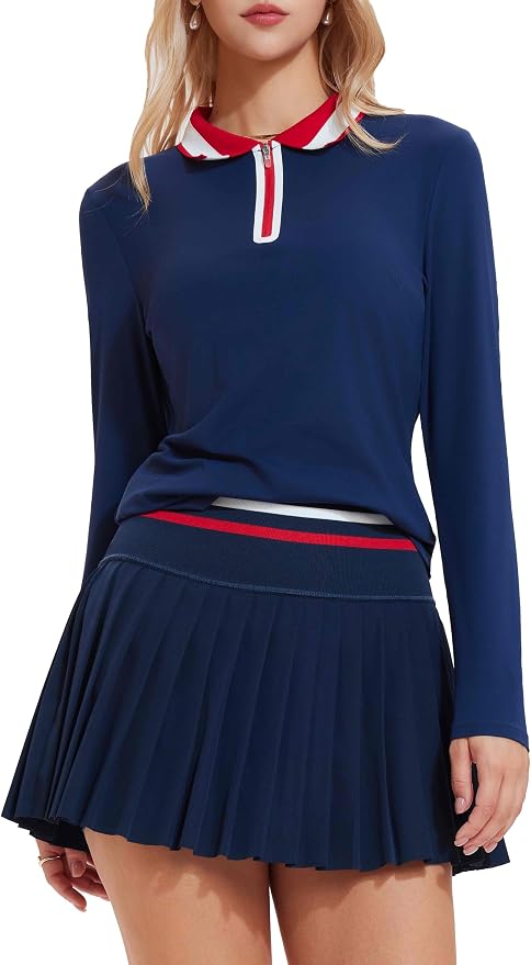 Tennis Skirt Sets for Women Zipper Color Block High Waisted Golf Polo Two Piece Skirt Set Women 2 Piece Outfits