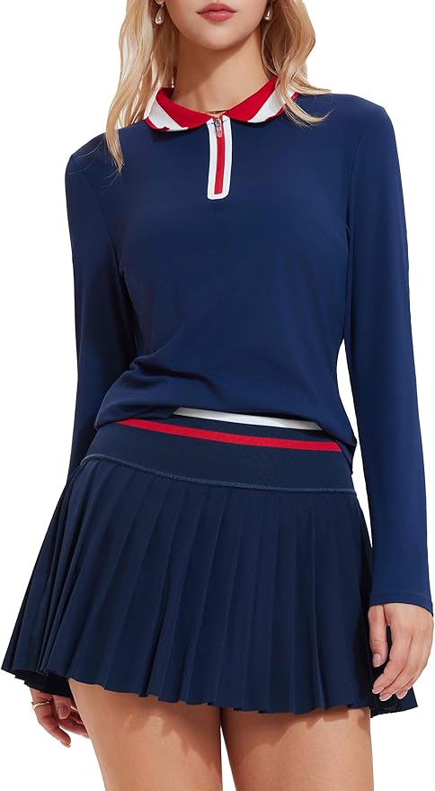 Tennis Skirt Sets for Women Zipper Color Block High Waisted Golf Polo Two Piece Skirt Set Women 2 Piece Outfits