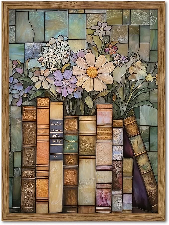 YYNISPIN Vintage Book Wildflower Wall Art Moody Stained Glass Book Lover Wall Decor Painting, Whimsical Reading Nook Library Poster Canvas Prints for Cottage Bedroom Living Room 12x16 inch Frame