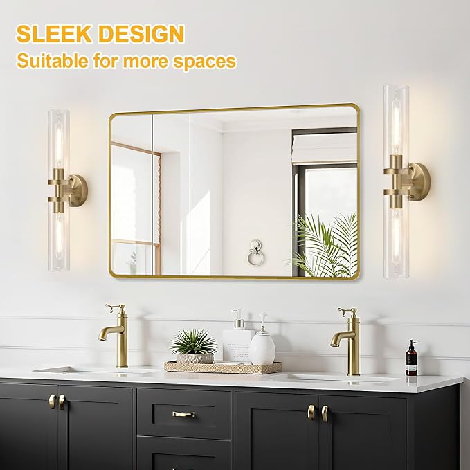 Indoi Brass Wall Sconces, Hardwired Bathroom Sconces Wall Lighting with Clear Glass, Modern Bathroom Vanity Lights fixtures for Mirror Bedroom Living Room Hallway Kitchen