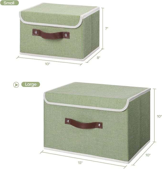 ANMINY Fabric Storage Box Bins with Lids, Green, 15"x10"x10" | Keepsake Memory Storage, Cotton Linen, PP Board Reinforced, Washable, PU Handles, Foldable & Stackable, Decorative, Large