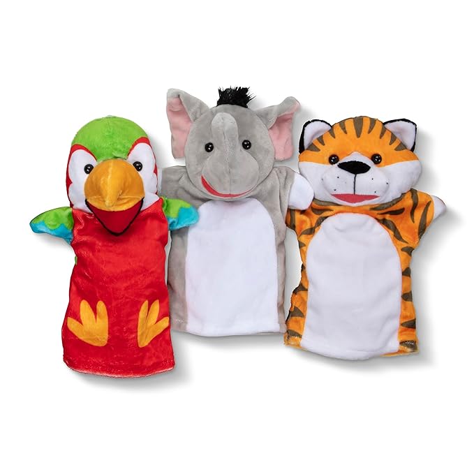 Melissa & Doug Safari Buddies Hand Puppets, Set of 6 (Elephant, Tiger, Parrot, Giraffe, Monkey, Zebra) Soft, Plush Puppet, Stuffed Animals, Pretend Play Toddler Toys for Girls & Boys 2+