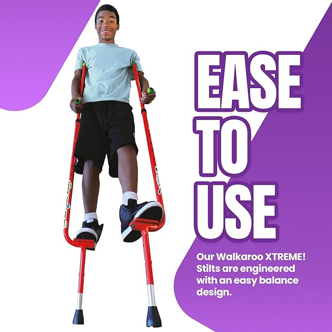 Geospace Adjustable Walkaroo Xtreme Steel Stilts for Kids - Indoor/Outdoor Play, Exercise, Steel Stilts for Adults- Up to 250 lbs, Height Adjustable Walking Stilts, Kids Stilts - Red
