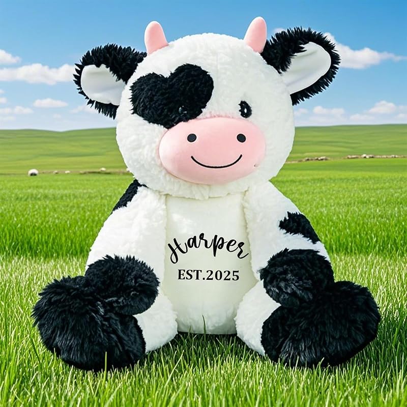 Personalized Cow Stuffed Animal, Milk Cow Plushie with Custom Name Date Message, 13.5" High 9.8"Width Black White Cows Soft Cuddle Gift for Baby Toddler Boy Girl Kids