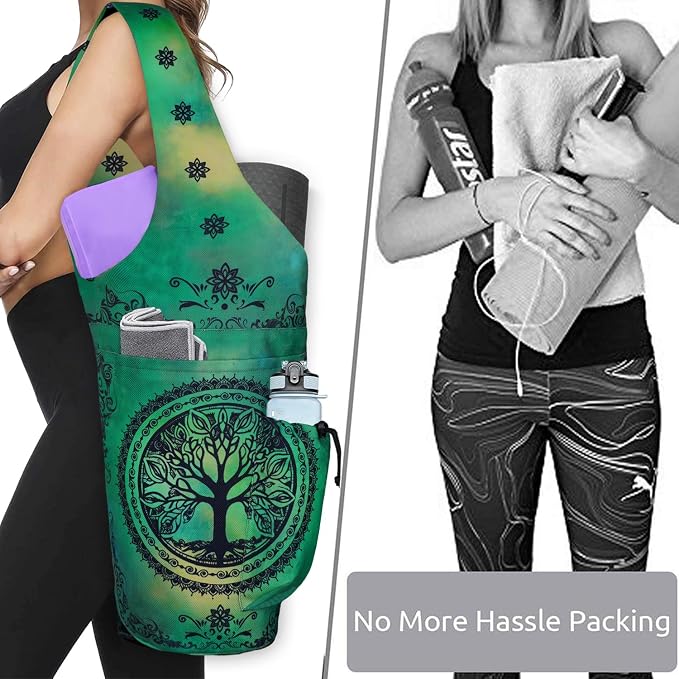 Yoga Mat Bag - Large Opening Long Tote Yoga Mat Carrier Holder Bag with Waterproof Wet Zipper Pocket and Drawstring Water Bottle Pocket - Yoga Bag Fit Most Size Mats