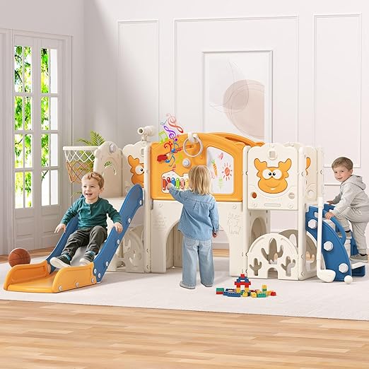 BIERUM Toddler Slide Set with Basketball Hoop, Golf Game & Drawing Board, 13-in-1 Indoor Outdoor Toddler Slides Playground for Kids Ages 1+, Kids Climber Playset for Backyard (Blue&Yellow)