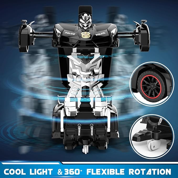 Remote Control Car - Transforming Toy Car Robot, One-Button Deformation with Flashing Lights 2.4GHz 1:18 Scale Transforming Police Car with 360-Degree Rotation Toys for Boys and Girls