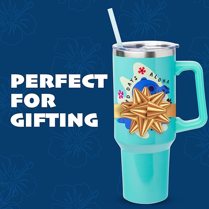 Silver Buffalo Disney Lilo and Stitch Aloha No Bad Days Chillin’ Double Walled Stainless Steel Tumbler with Handle and Straw, Fits in Standard Cup Holder, 40 Ounces