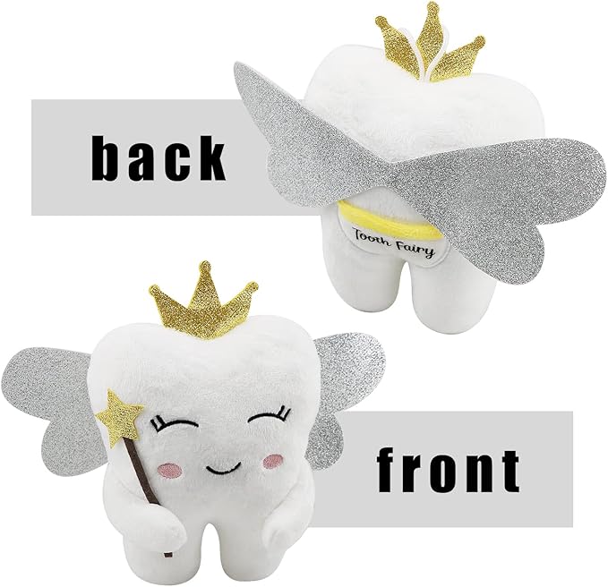 Tooth Fairy Pillow with Shiny Wings Embroidered Tooth Fairy Doll with Pocket Crystal Velvet Tooth Fairy Souvenir Boy Girl Gift (White) (White)