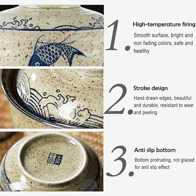 VanEnjoy Microwavable Ramen Bowl with Lid, 25 Oz Japanese Bowl Big Ceramic Japanese Soup Bowl with Lid, Korean Clay Pot - fish