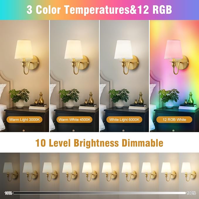 Battery Operated Wall Sconces set of Two,Wireless Wall Sconces with 10000mAh Dimmable Bulb and Remote,LED 15 Colors Rechargeable Gold Wall Sconce with Fabric for Bedroom Living Room Hallway Wall Decor