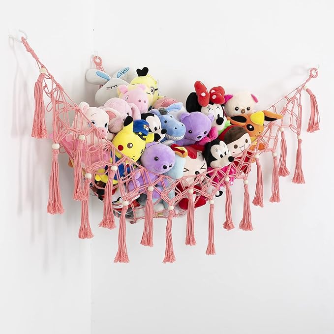 Stuffed Animal Net or Hammock for Corner Macrame Toy Display Plush Toy Storage Net Corner Hanging Mesh-Pink