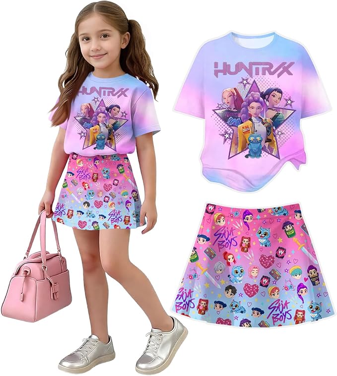 HTHLVMD K Pop Short Sleeve T-Shirt and Skirts Outfits Set for Girls Hunters Rumi Mira Zoey Graphic Tees De-Mon Costume