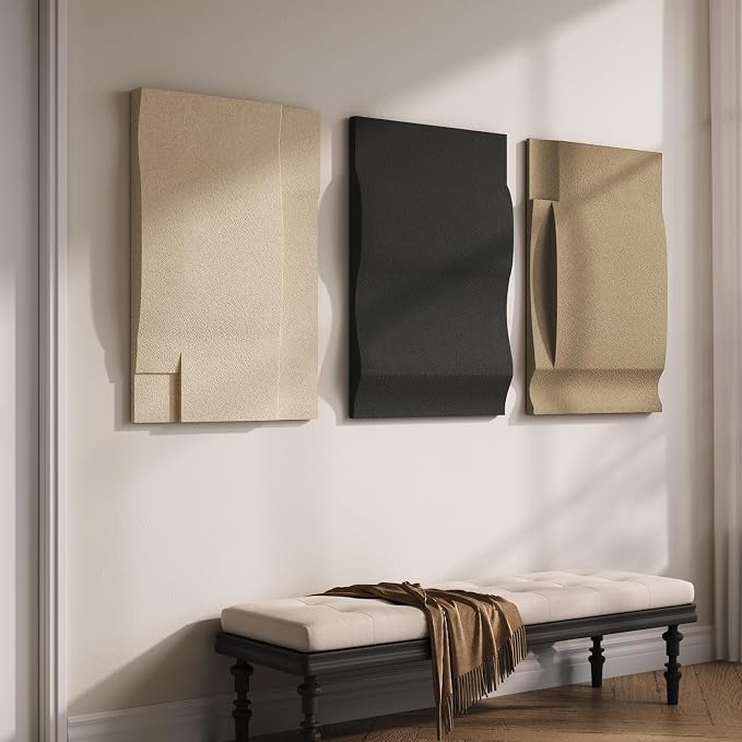 Large 3D Textured Wall Art Deocr for Living Room, 3 Piece Modern Neutral Abstract Minimalist Artwork for Walls, Geometric Black and Beige Wall Decor for Hallway, Dining Room, Staircase and Office, 24x36 In