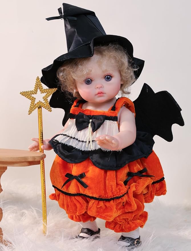 Halloween Reborn Toddler Dolls – 18 Inch Realistic Toddler Doll Girl Full Body Vinyl with Purple Eyes & Witch-Inspired Outfit – Gift-Ready for Girls, Collectors & Seasonal Display