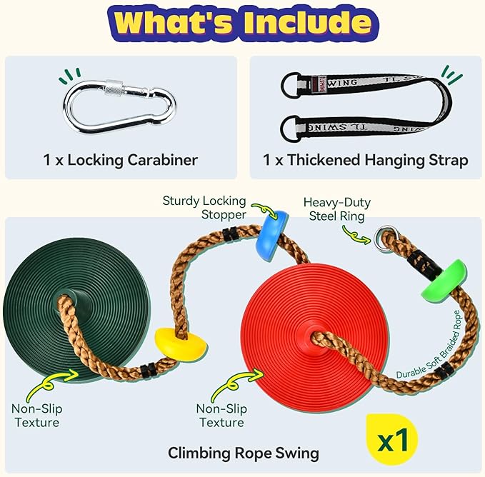 HeyZoo Dual Large Disc Tree Swing for Kids 330LB Capacity, Rope Swing with 3 Small Platforms, Outdoor Backyard Playground Seats Set with Carabiner and Thickened Strap, 1 Pack