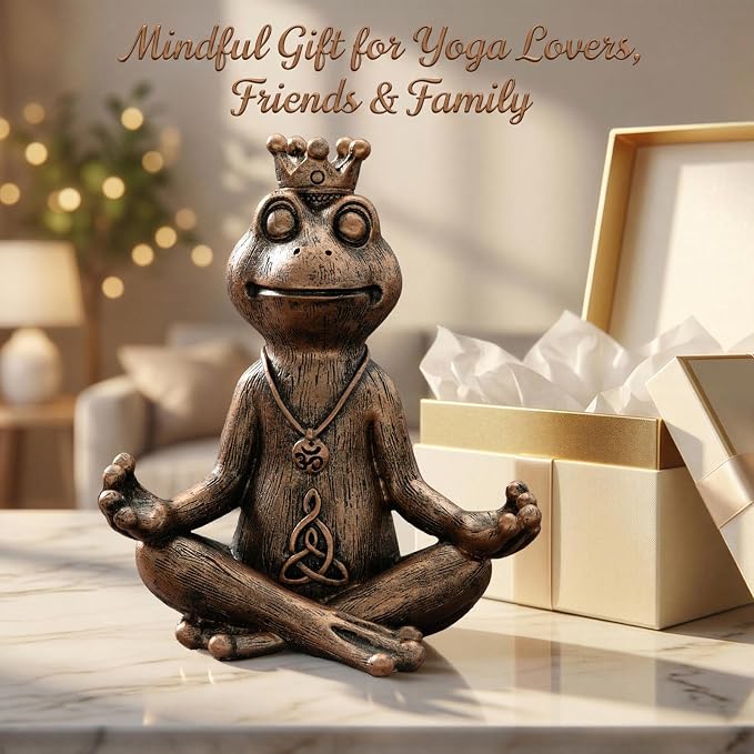 Meditating Zen Frog Statue Decor with Bonus Om Necklace - 5.8" Hand-Painted Resin Figurine - Yoga Room, Office Desk & Shelf Ornaments - Mindful Spiritual Gift for Women & Yoga Lovers(Bronze)