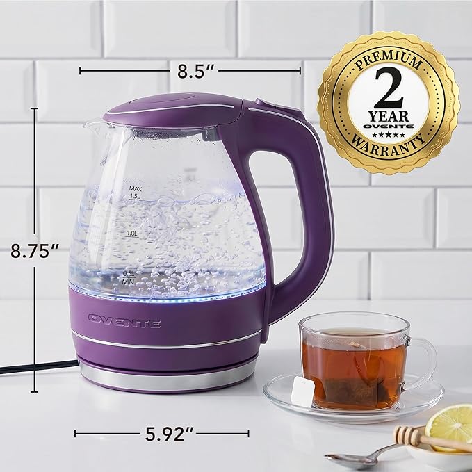 OVENTE Electric Kettle, 1.5L Borosilicate Glass Countertop Water Heater and Boiler for Coffee or Tea, BPA-Free, Auto Shut-Off, Boil-Dry Protection, Removable and Washable Spout Filter, Purple KG83P
