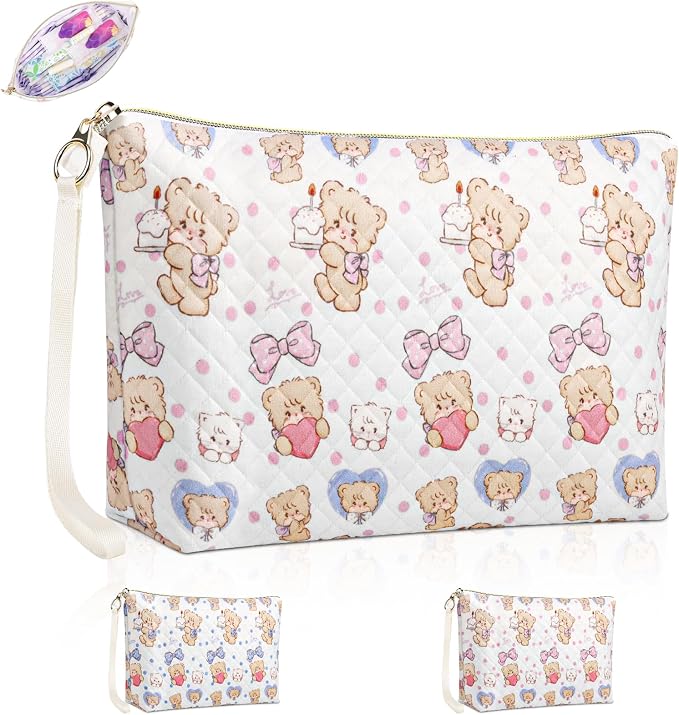 Period Bag for Teen Girls, Quilted Sanitary Napkin Storage Bag, Cute Bears Menstrual Pad Pouch Tampon Holder (Large-Pink)