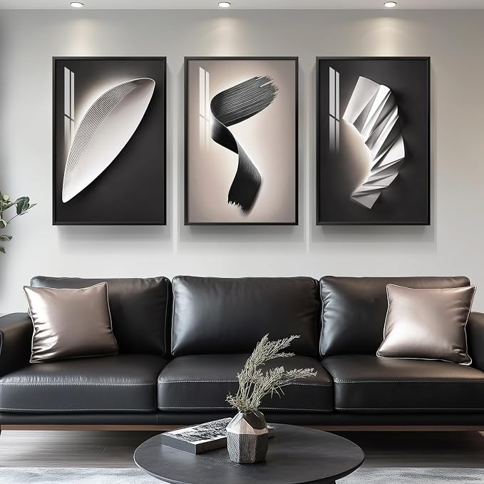 Large Framed Modern Abstract Wall Art 3 Piece Set, Black and White Decorative Artwork, Minimalist Trendy Line Geometric Bright Style Pictures Prints for Living Room Hallway and Office 20x30 Inch
