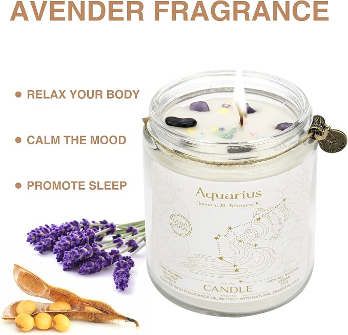 Zodiac Sign Jar Candle, Aquarius, Lavender Scent, Modern Style, Crystal Embellishment, Birthday Gift