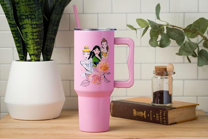 Silver Buffalo Disney Princess Featuring Cinderella, Mulan, Belle, Ariel, Tiana, and Jasmine Double Walled Stainless Steel Tumbler with Handle and Straw, Fits in Standard Cup Holder, 40 Ounces