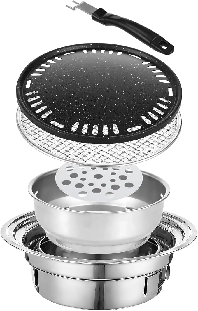 Korean BBQ Charcoal Grill Set, Stainless Steel Tabletop Grill with Maifan-Stone Pan, Mesh Rack, Charcoal Bowl, 13.4 in Portable Grill for Outdoor Cooking, Indoor Korean BBQ, Camping, Patio Grilling