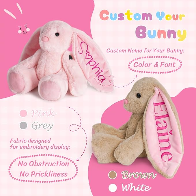 Custom Plush Bunny Toys with Child's Name, Embroidered Bunny Stuffed Animals for Baby Toddlers, Personalized Birthday Gifts for Baby Girls Boys Newborns (Brown)