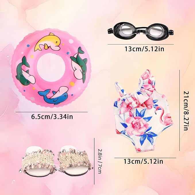 Doll Swimsuit Set for 18-Inch Doll, 7 Pcs Doll Swimming Accessories, 18-Inch Doll Bathing Suit Set, Fashion Doll Water Play Set, Doll Swimsuit, Goggles, Flip-Flops and Inflatable Swim Ring
