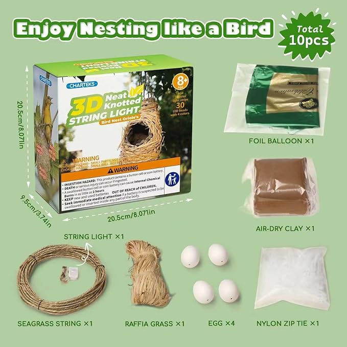 CHARTEKS Bird Nest Craft Kit with LED String Lights - DIY Nature Arts and Crafts STEM Project for Kids & Adults, Creative Home Decor Gift for Boys Girls Ages 8-12