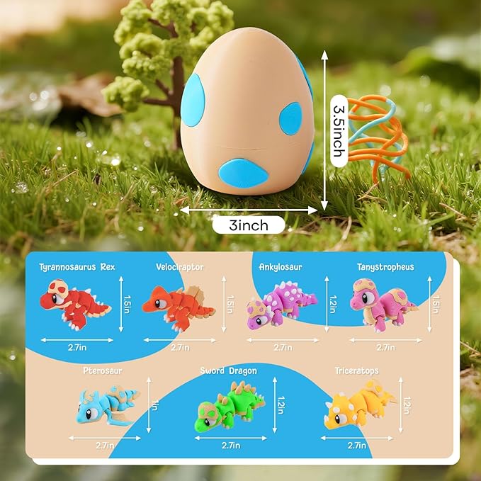 7PCS 3D Printed Dinosaur Eggs Set with Dinosaur Inside, 3D Printed Animal Statues, Articulated Flexible Fidget Toys, Home Office Desk Decoration & Display, Easter Basket Essentials Stuffers