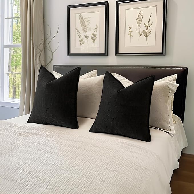 MIULEE Pack of 2 Black Decorative Chenille Pillow Covers 20x20 Inch | Soft Couch Throw Pillows,Farmhouse Cushion Covers with Elegant Design for Sofa,Bedroom,Living Room,Spring Home Decor