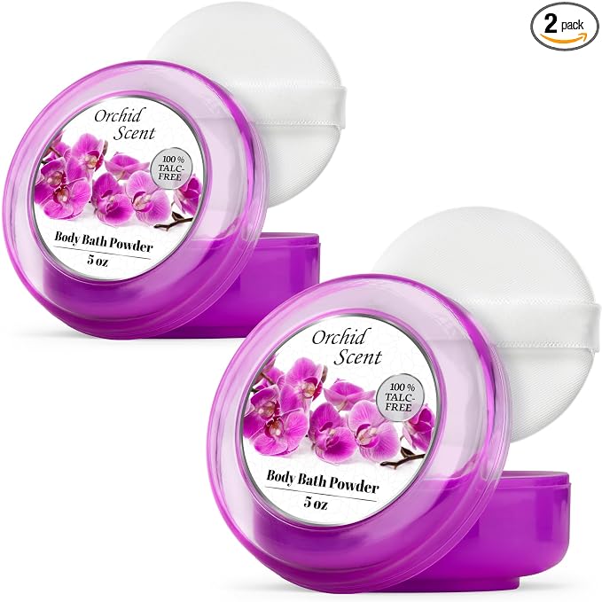 R-NEU Body Powder for Women with Powder Puff, 100% Talc-Free, Majestic Orchid Scented Dusting Powder, After Bath for Soft Skin, Extra Large, 2 Pack (10oz)
