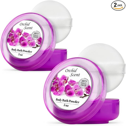 R-NEU Body Powder for Women with Powder Puff, 100% Talc-Free, Majestic Orchid Scented Dusting Powder, After Bath for Soft Skin, Extra Large, 2 Pack (10oz)