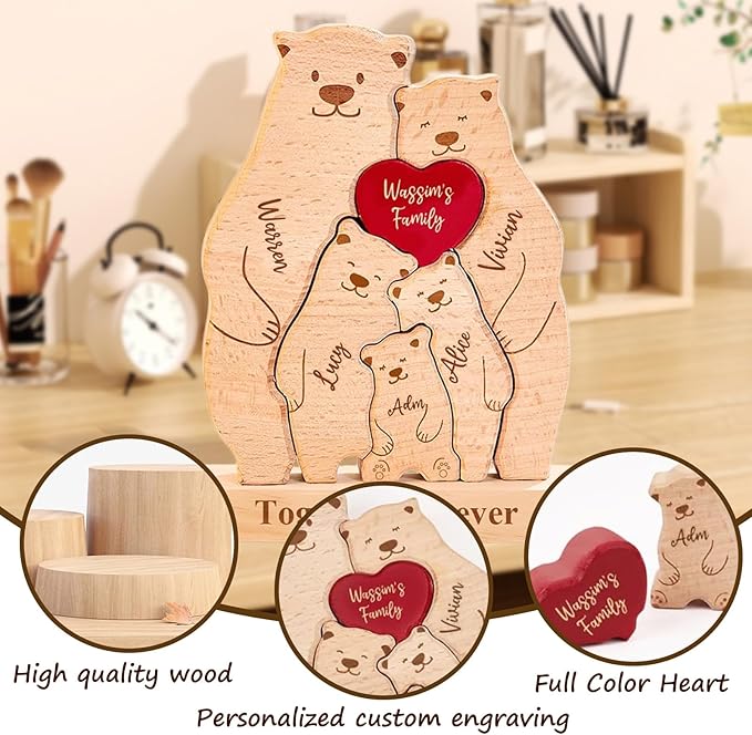 Personalized Wooden Cute Bear Puzzle - Customizable with 2-6 Names Bear Family Puzzle, Home Decor Housewarming Gift Unique Christmas, Halloween Wooden Animal Decoration (Cute Bear)