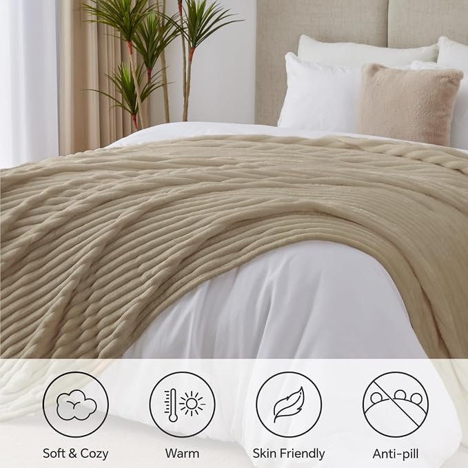 BEDELITE Ribbe Blankets Queen Size for Bed, Linen, 90"x90" | Ultra-Soft Plush Fleece, Warm Yet Lightweight, Ribbed Texture, Home Decor, Machine Washable, Giftable, All-Season Use