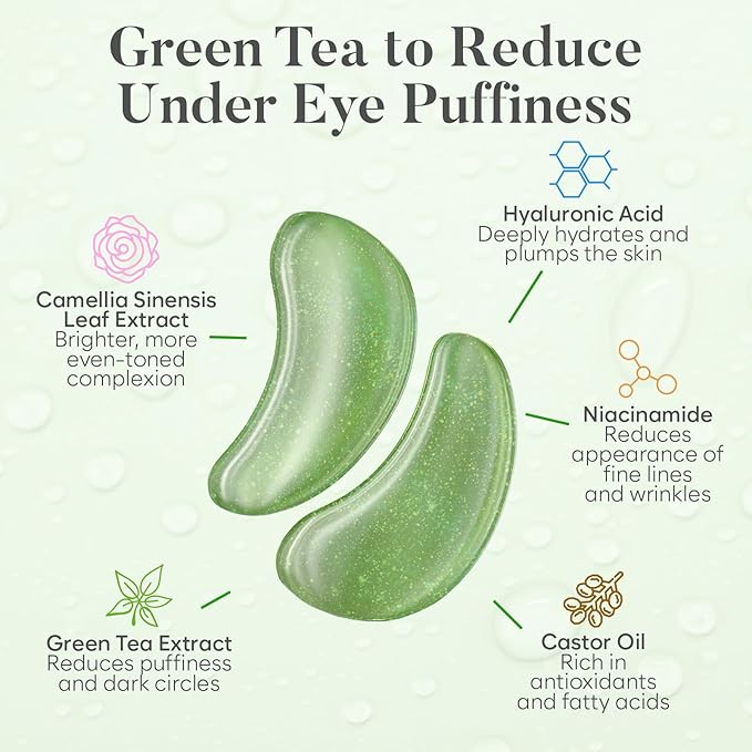 BLOOMORA Green Tea Under Eye Patches (30 Pairs) - For Dark Circles & Puffiness - Hydrating Green Tea Eye Mask