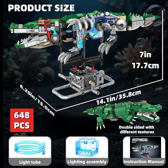 Mechanical Crocodile Building Set with Lights, Rotatable Link Components & Display Stand, STEM Building Set for Boys 8-14, Home Office Decor for Adults, Mechanical Enthusiasts（648PCS）