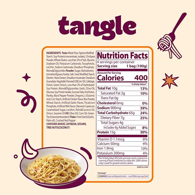 Tangle Garlic Oil Instant Pasta, 15g Protein Linguine, 6g Fiber, 4-Pack | 15g protein, 6g fiber per serving; Chickpea-based air-dried noodle; Roasted garlic and olive oil with a spicy kick