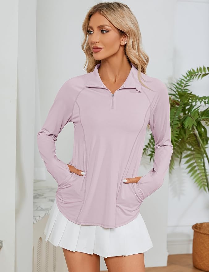 LOMON Women Long Sleeve Shirts Sun Protection 1/4 Zip Summer Quick Dry Hiking Shirts Quarter Zip Pullover for Women