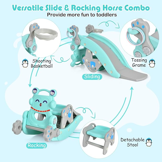 HONEY JOY Toddler Slide Rocking Toy, 6 in 1 Convertible Freestanding Slide for Kids w/Basketball Hoop/Ring Toss Game/Rocking Horse/Stool, Foldable Baby Climber Playground Slide for Indoors Outdoors