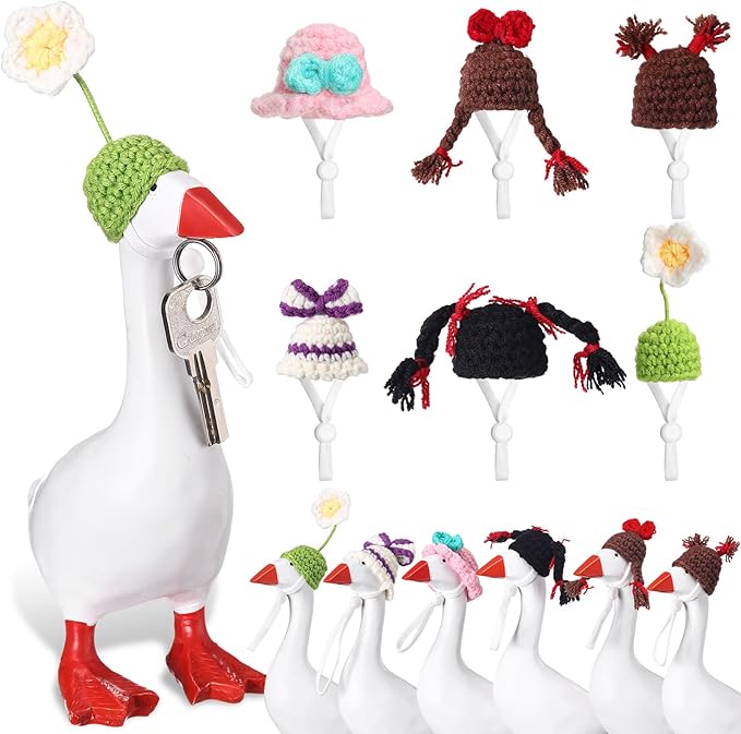 Geyoga 6 Pcs Mini Knitted Hats 7 Inch Goose Outfits Hat with Adjustable Strap Mini Porch Goose Headwear for Statue Key Holder