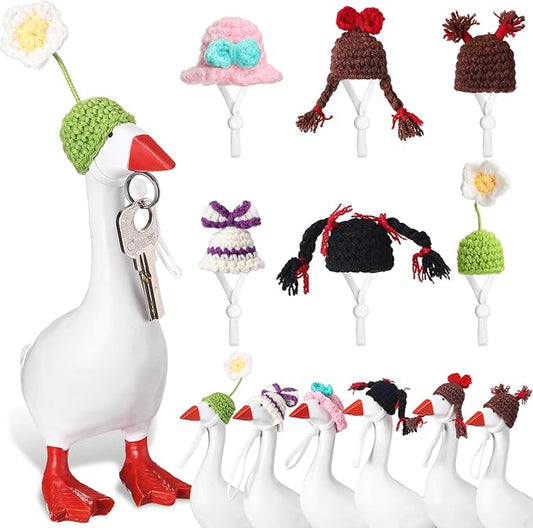 Geyoga 6 Pcs Mini Knitted Hats 7 Inch Goose Outfits Hat with Adjustable Strap Mini Porch Goose Headwear for Statue Key Holder