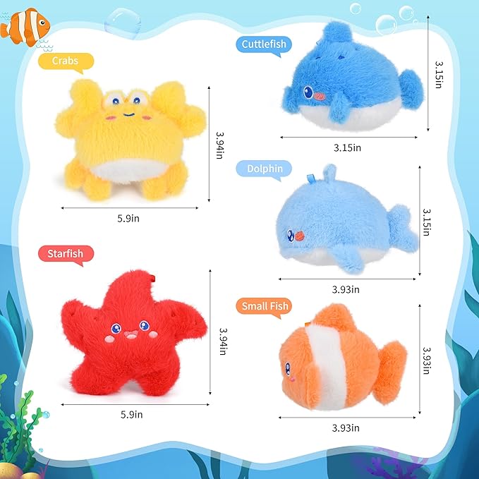 BB FUN HOUSE Ocean Plush Toy Set 5 Packs Soft Easter Sea Stuffed Animals Small Fish, Cuttlefish, Dolphins, Crabs, Starfish Plush Keychain for Party Favor Carnival Prizes Birthday Gifts Goodie Bag