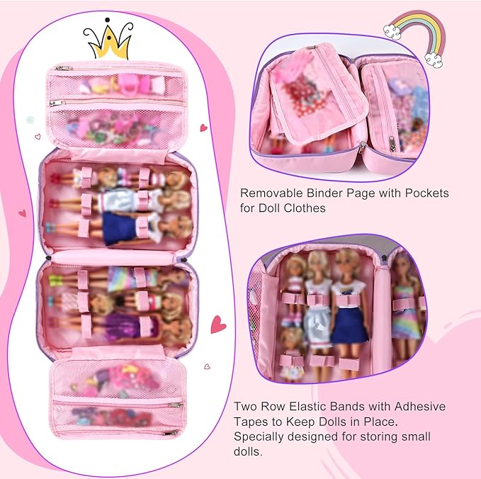 Carrying Case Compatible with Barbie Dolls 12-Inch/6-inch, All-in-One Organizer Holds 6-12 Dolls & Accessories，Large Doll Travel Case with Handle, Bag Only (PINK)