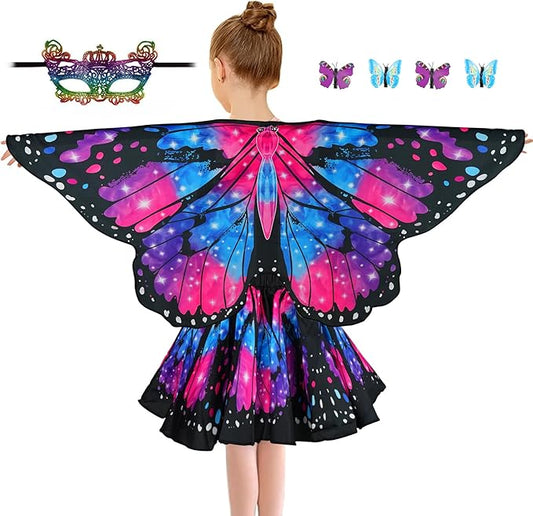 Butterfly Costume for Girls Fairy Wings Kids 4 Pcs(Cape,Skirts,Masks,Hair Clips) Butterfly Wings for Halloween Gifts