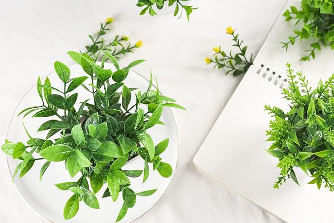 Der Rose 4 Pack Fake Plants, Greenery Potted Plants for Home Decor Indoor | Unique artificial plants, no-care potted greenery, for desk table windowsill bathroom office farmhouse and classroom decor