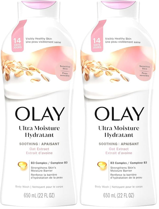 Olay Body Wash for Women,Ultra Moisture,For Sensitive Skin,Soothing Formula,24hr Moisturizing,Hydrating&Refreshing,B3 Vitamin Complex,Free of Parabens&Phthalates,Oat Extract Scent,22 fl oz,(Pack of 2)